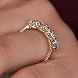 5 Stone Moissanite anniversary band,14k Solid yellow,rose,white gold half eternity wedding band,five stone ring,Anniversary Ring For Her