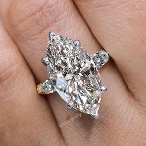 Marquise cut moissanite engagement ring 14k yellow gold Solitaire large 5.5 CT two tone 3 row pave wide band diamond cocktail wedding band