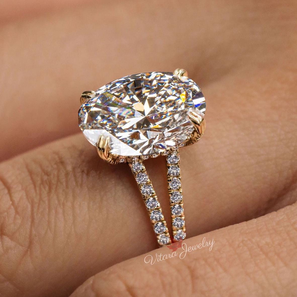 Oval Moissanite Engagement Ring, Solitaire Split Shank Hidden Halo 14k ...