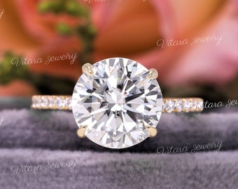 4 CT runder Moissanit Verlobungsring, einfacher runder Moissanitring, versteckter Heiligenschein, 4 Zinken, solider 18k / 14k Gold
