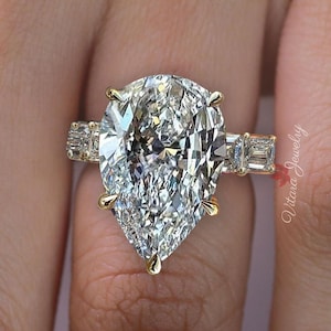 10 CT pear moissanite engagement ring wide band celebrity style unique pear shaped ring pear cut wedding ring large cocktail teardrop ring
