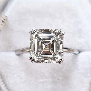 9 CT ソリティア アッシャーカット エンゲージリング、ラージ アッシャーカット モアッサナイト リング、ユニークなセレブスタイル、隠れたハロー、スクエア ダイヤモンド ウェディング リング