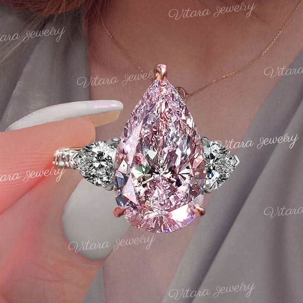 575 CT large pink moissanite pear shaped engagement ring,big Three stone vivid pink pear moissanite,unique celebrity style huge wedding ring