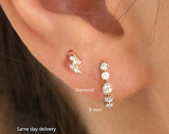 14k Solid Gold Diamond Huggie Hoop Earrings • Cartilage Jewelry