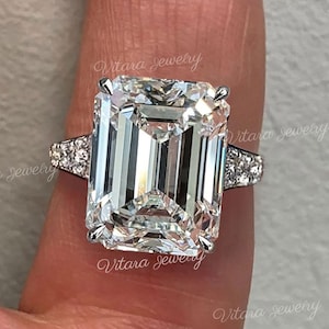 8 CT Big Solitaire Emerald cut Moissanite engagement ring,unique art deco,wide band,luxury celebrity style,huge large cocktail wedding ring