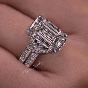 Emerald Cut Moissanite Engagement Ring Set With Womens Wedding Band 5.36TW Three Stone Moissanite Bridal Set Anniversary Gift For her