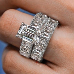 5 carat moissanite emerald cut engagement ring set eternity band solitaire unique emerald cut moissanite ring Thick band wedding ring set