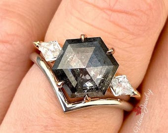 2,9 CT Salz und Pfeffer Diamantring•Drei Steine Verlobungsring•14 Karat Roségold Ehering•Unique,Hexagonring,schwarz grauer Diamantring,Frauenring