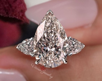 In lab gekweekte peervorm diamanten ring met drie stenen 14k witgoud 3 CT sieraden
