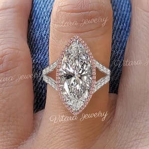 6 CT Marquise moissanite engagement ring,white gold marquise halo split shank ring,celebrity style big large marquise cut ring,wedding ring