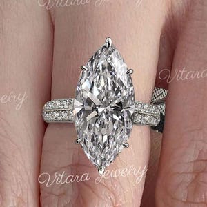 Grande bague de fiançailles marquise moissanite de 7,5 carats, double halo caché, grande bague édouardienne, large bande en filigrane art déco, alliances de luxe