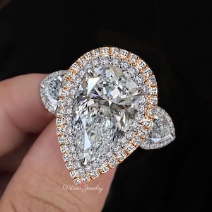 Bague de fiançailles en forme de poire de 6 carats Bague à double halo en moissanite et poire à trois pierres style célébrité Bague de mariage en forme de larme cocktail de diamants
