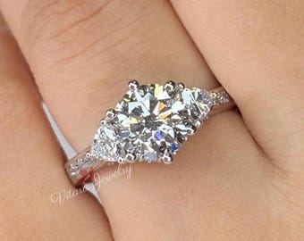 2 CT Round Lab Diamond Three Stone Engagement Ring 14k White Gold Channel Set Ring Pear Side Accent IGI Certified Gift For Her