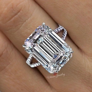 Anillo de compromiso de moissanita con corte esmeralda y halo oculto, oro blanco de 14 k, cuerpo dividido único, solitario de 13,5 quilates, anillo de bodas y aniversario.
