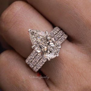 6 CT pear moissanite engagement ring set,big large pear shaped ring,celebrity style,three row pave,solitaire pear cut wedding ring set
