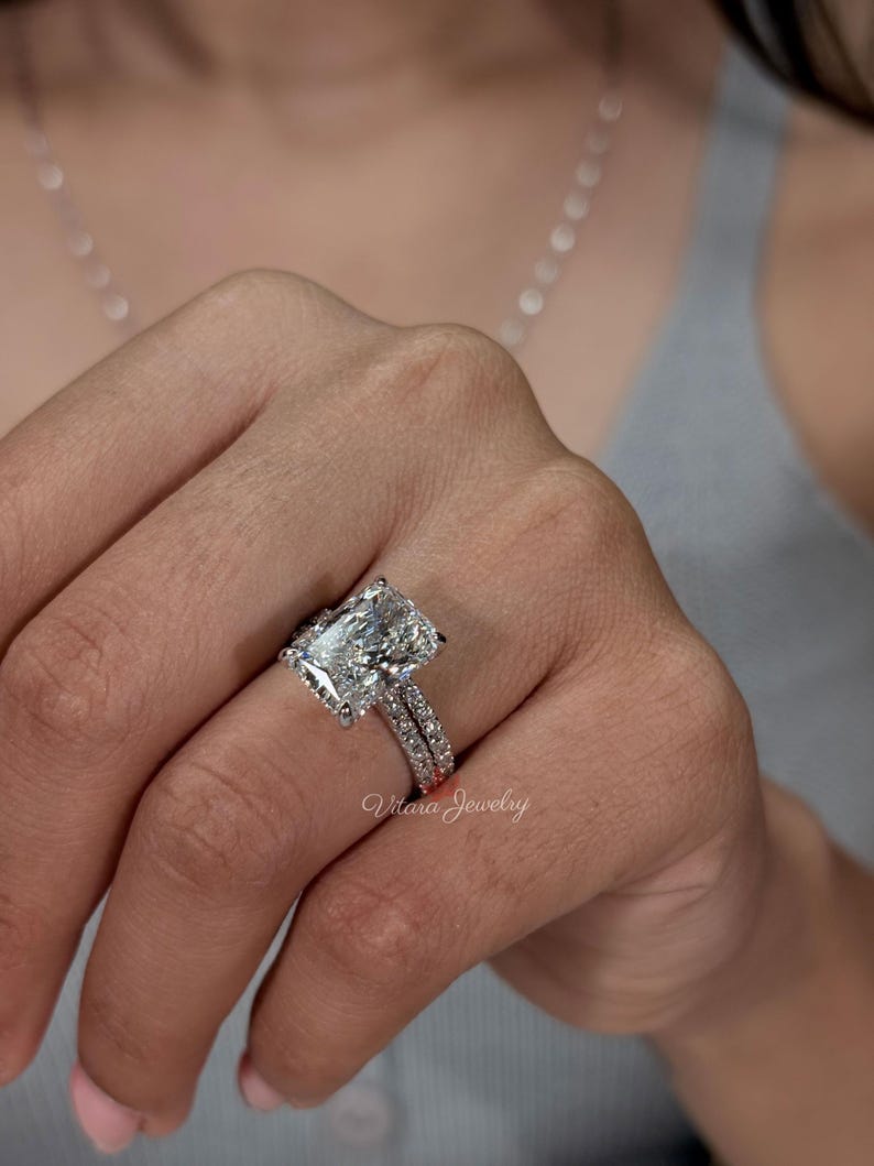 4 CT Radiant Lab Grown Diamond Ring Set – 14k Gold Solitaire Wedding ...