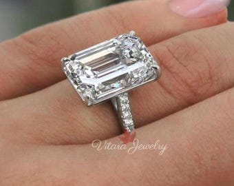 16 CT Emerald Cut Moissanite Engagement Ring, White Gold Celebrity Style