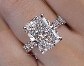 5 CT Elongated Cushion Cut Lab Diamond Engagement Ring 14k White Gold Hidden Halo Pave Ring Cathedral Ring IGI Certified Gift For Her