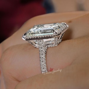 Emerald Cut Moissanite Engagement Ring 14k White Gold Solitaire Hidden Halo, 13.5 CT