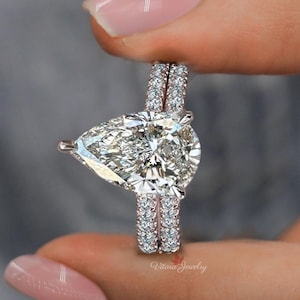 Lab grown diamond engagement ring 3 CT pear shaped ring ring Teardrop ring hidden halo solitaire diamond wedding ring set anniversary gift