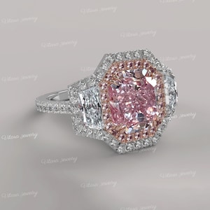 4.2 CT Radiant Morganite engagement ring,Three stone Double halo,celebrity style big large pink Morganite&moissanite white gold wedding ring