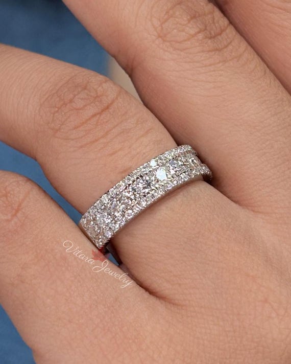 モアッサナイトの結婚指輪：14Kホワイトゴールドのハーフエタニティ 