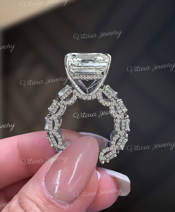 9.9 CT Large Emerald Cut Moissanite Ring Solitaire Hidden Halo Wide Band Engagement Ring Diamond Cocktail Statement Ring Modern Wedding Ring Etsy Canada