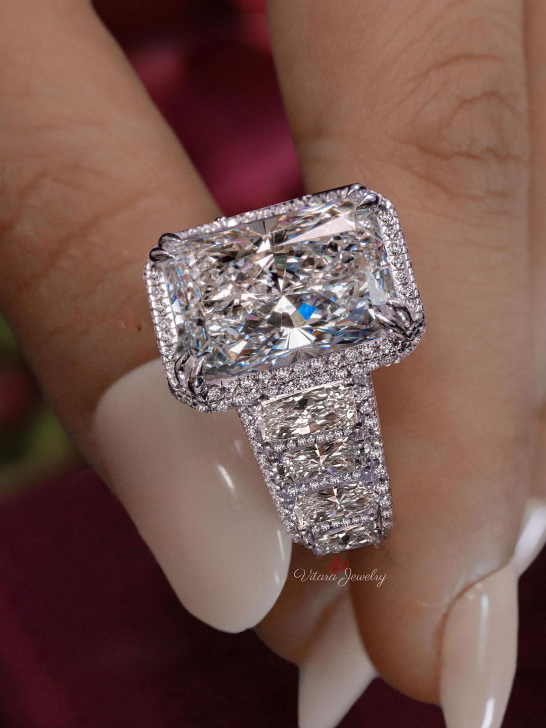 Radiant Cut Moissanite Engagement Ring, 14k White Gold Hidden Halo, Art ...