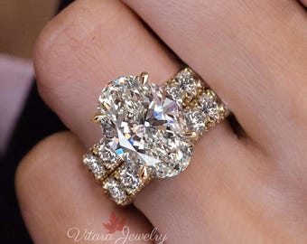 Solid Gold 8 CT Oval Moissanite Wedding Ring Set, Wide Eternity Band