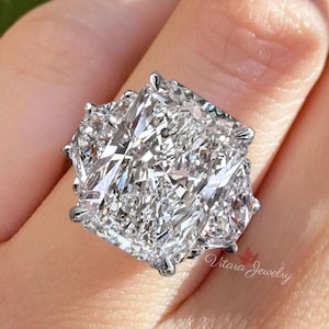 Radiant Cut Moissanite Engagement Ring 14k White Gold 12.7 TCW Three Stone Wedding Bridal Jewelry cocktail Statement ring Anniversary Gift