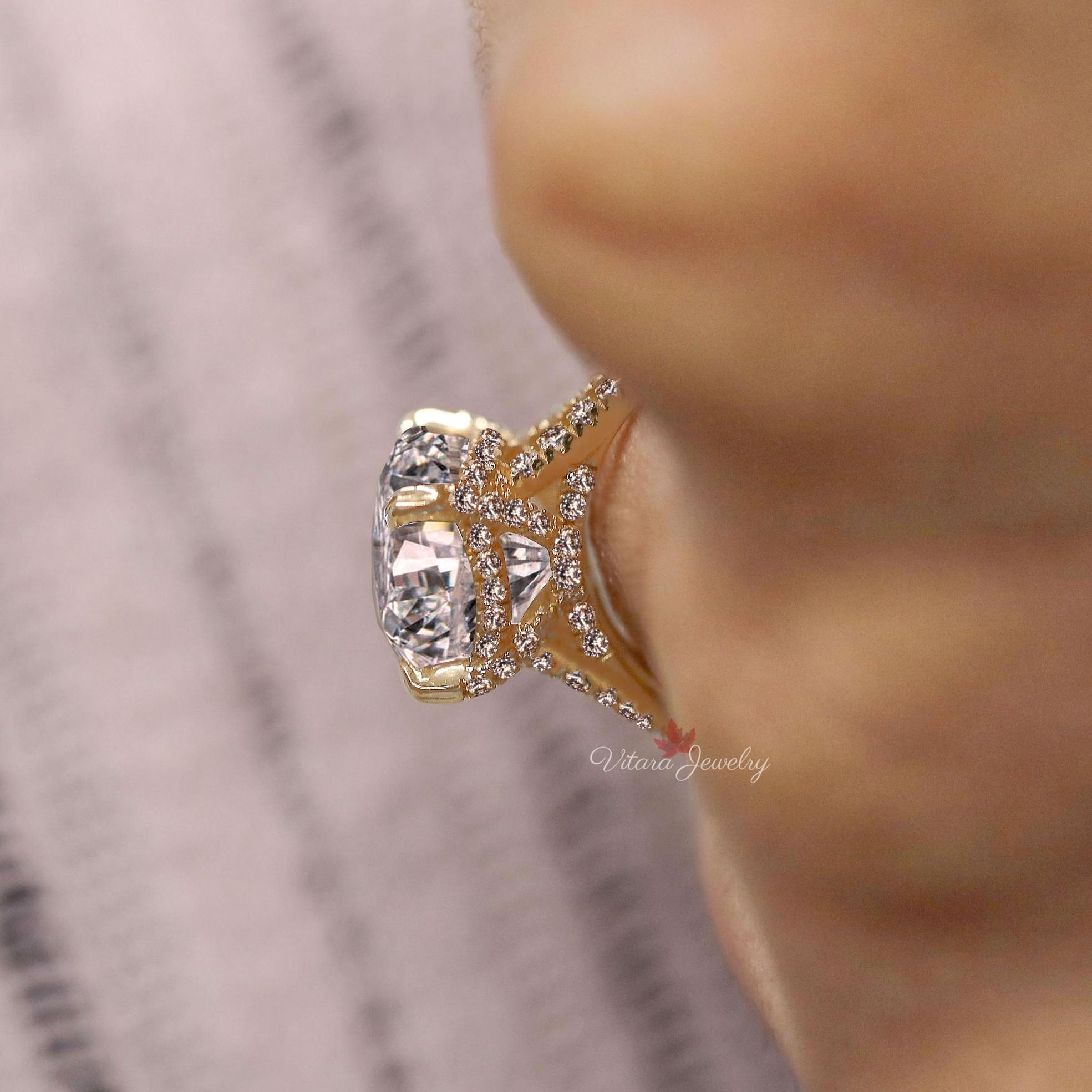 Oval Moissanite Engagement Ring, Solitaire Split Shank Hidden Halo 14k ...