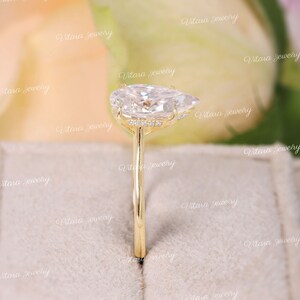 3 CT pear moissanite engagement ring,hidden halo pear shaped ring,Cathedral set,solitaire pear cut moissanite,anniversary wedding ring,14k