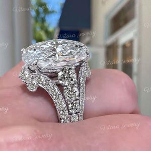 Grand ensemble de bagues de fiançailles ovales en moissanite, 8 carats, style vintage Art déco, style célébrité, double alliance, ensemble de bagues de mariage en diamant