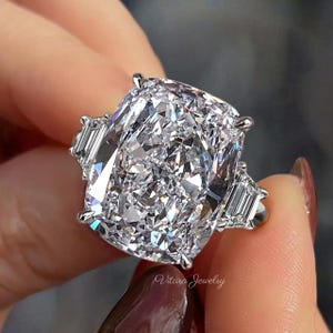 19.72 TCW Large Three stone moissanite cushion cut engagement ring,celebrity style trapezoid&big elongated cushion,cocktail wedding ring