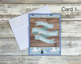 Handmade Baby Boy Card: Stork & Woodgrain Design