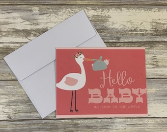 Handmade Stork Baby Girl Card: Hello Baby, Welcome to the World