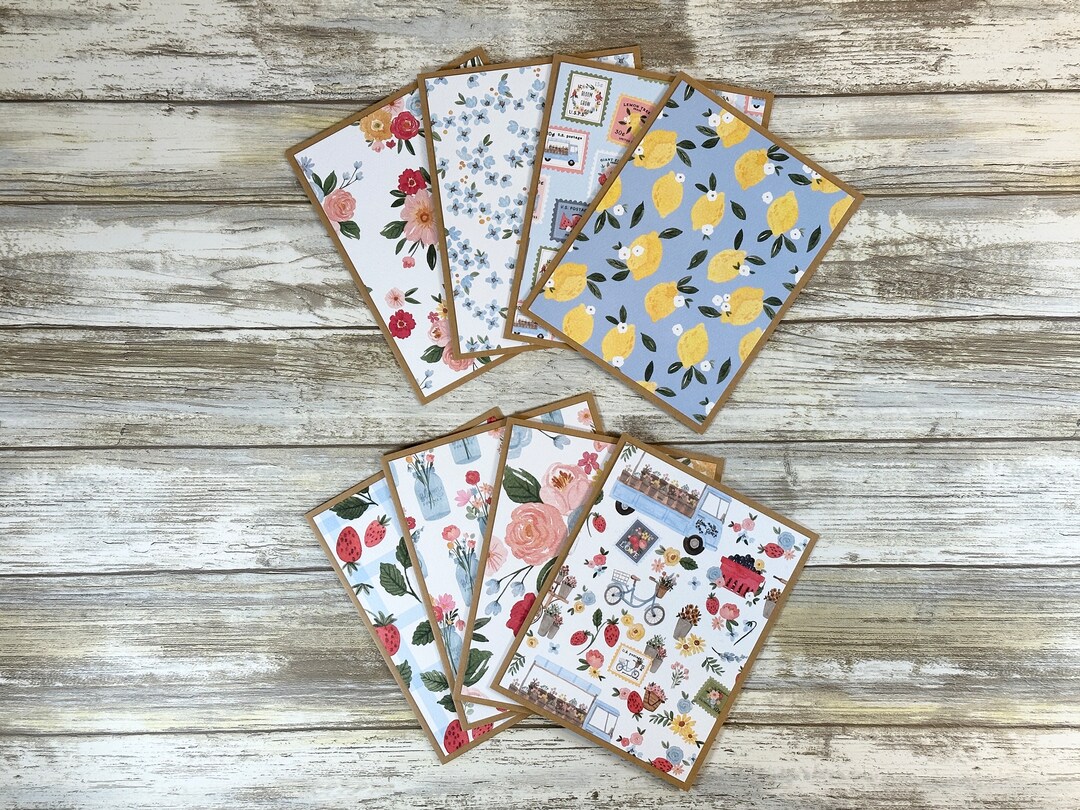 Handmade Summer Note Cards: Floral, Lemon, Strawberry - Set of 8 - Etsy