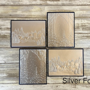 Embossed Christmas Cards, Christmas Note Cards, Winter Note Cards, Tree Cards, Christmas Cards Set, Foil Christmas Cards, Christmas Village