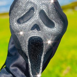 Bling crystal rhinestone ORIGINAL scream Ghostface mask with hood attached Clear
