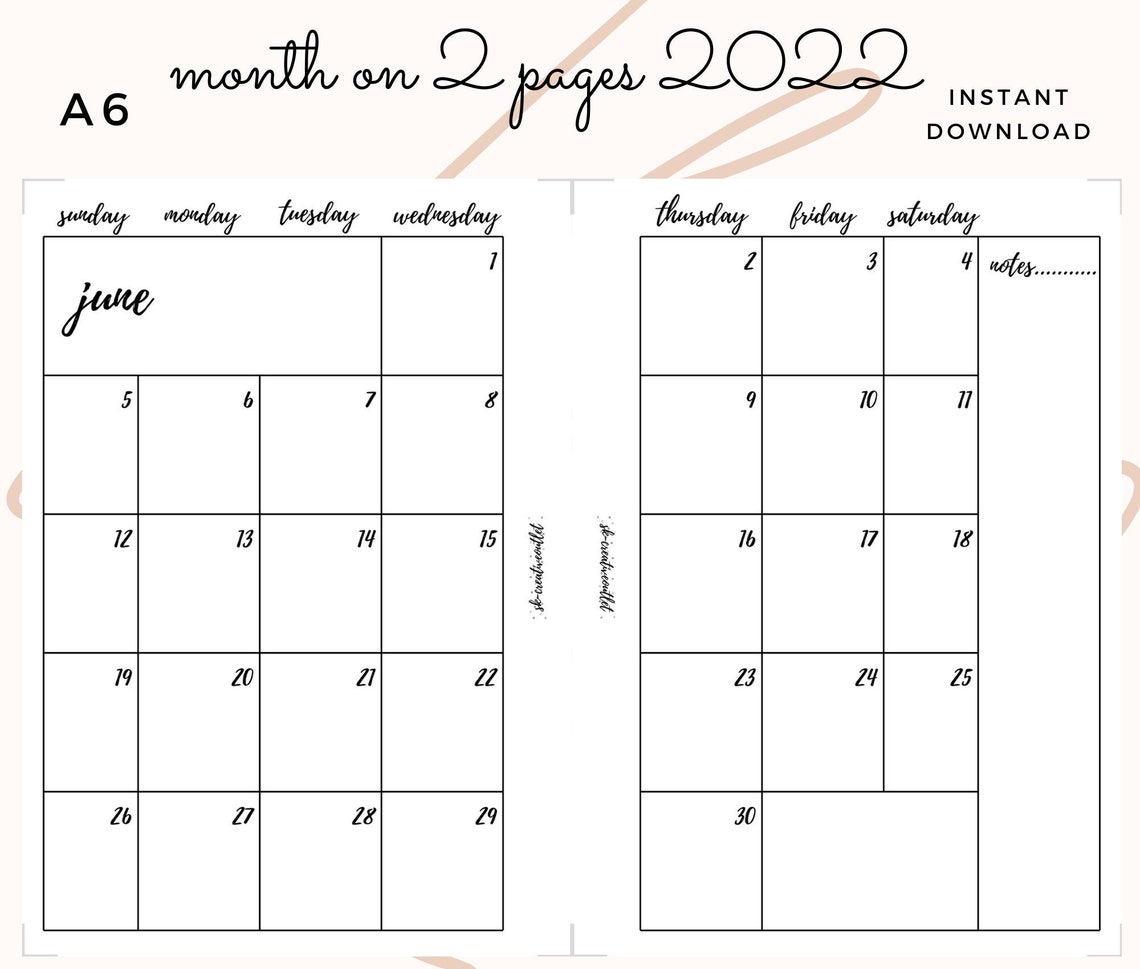 A6. Printable. Month on 2 Pages. 2022 Monthly Calendar. - Etsy