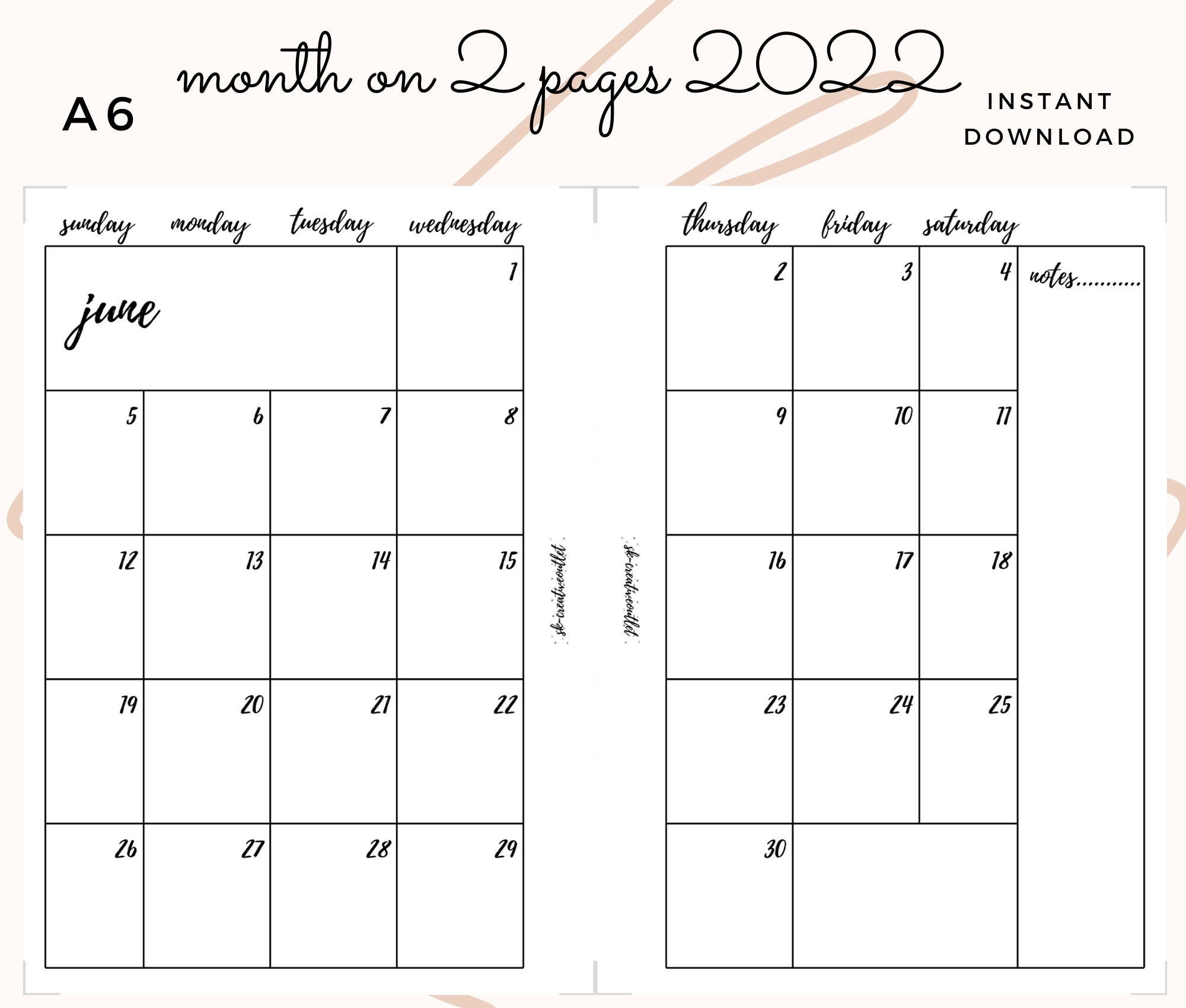 a6 printable month on 2 pages 2022 monthly calendar etsy