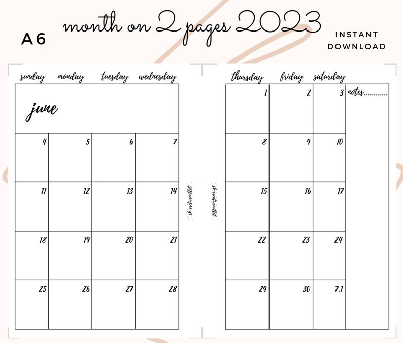 A6. Printable. Month on 2 Pages. 2023 Monthly Calendar. - Etsy Canada