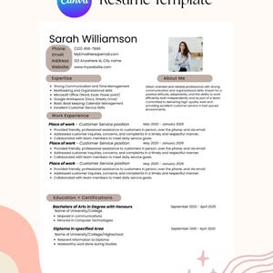 Peut inclure: Un modèle de CV Canva avec un design doux et féminin. Le CV comprend des sections pour les coordonnées, l'expertise, l'expérience professionnelle et l'éducation. Une photo d'une personne est incluse. Le modèle est dans des tons crème, rose et sarcelle.