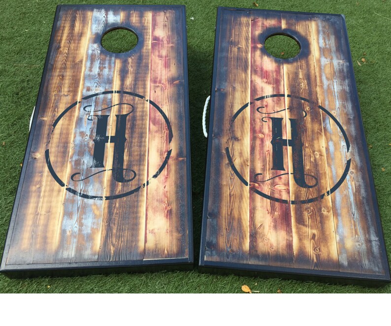 Solid Wood Cornhole Boards - 2x4 Rustic Monogram 