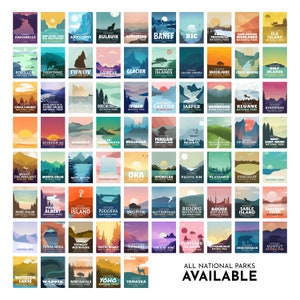 May include: A collection of colorful travel posters featuring various national parks, each with unique landscape illustrations and park names. The posters have a vintage aesthetic, with a bold font and a sunset or sunrise color palette. Text at the bottom reads "ALL NATIONAL PARKS AVAILABLE."