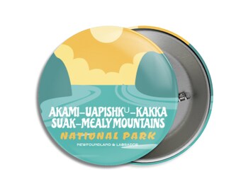 Akami Mealy Mountains National Park of Canada Pinback Button, Canada Parks, 1.75&quot; Buttons, Metal Buttons, Backpacking, Labour Day