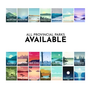May include: A collection of rectangular posters featuring scenic illustrations of various provincial parks. Each poster displays a unique landscape with mountains, lakes, and forests. The text "ALL PROVINCIAL PARKS AVAILABLE" is prominently displayed.