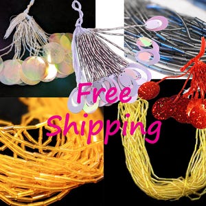 May include: Assortment of colorful beads and sequins for jewelry making. Includes iridescent sequins, silver beads, clear beads, and red sequins. Free shipping is offered.