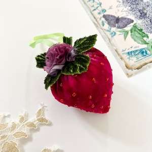 Silk Velvet Strawberry with Pink-Purple Rose – Handcrafted Hanging Decoration or Pincushion