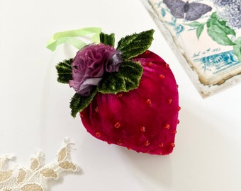 Silk Velvet Strawberry with Pink-Purple Rose – Handcrafted Hanging Decoration or Pincushion